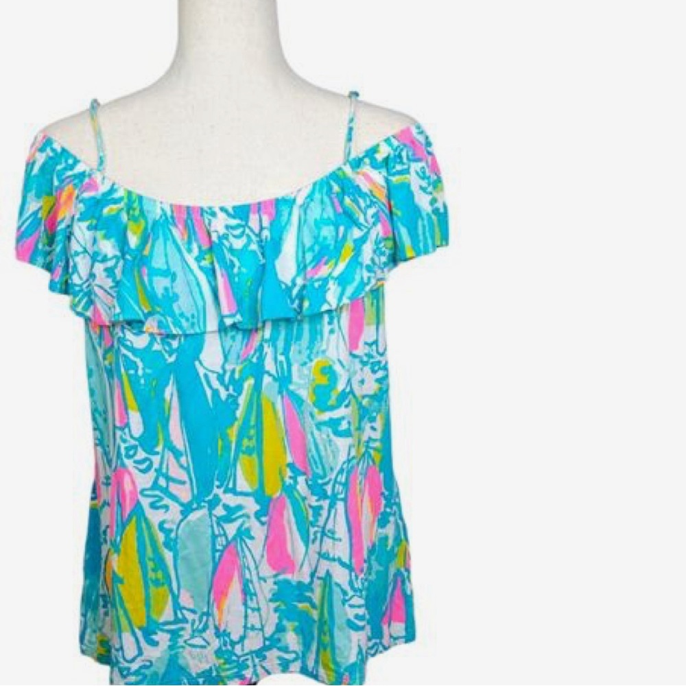 Lilly Pulitzer Off-Shoulder Ruffle Top in Turquoise Multi - Picture 4 of 6